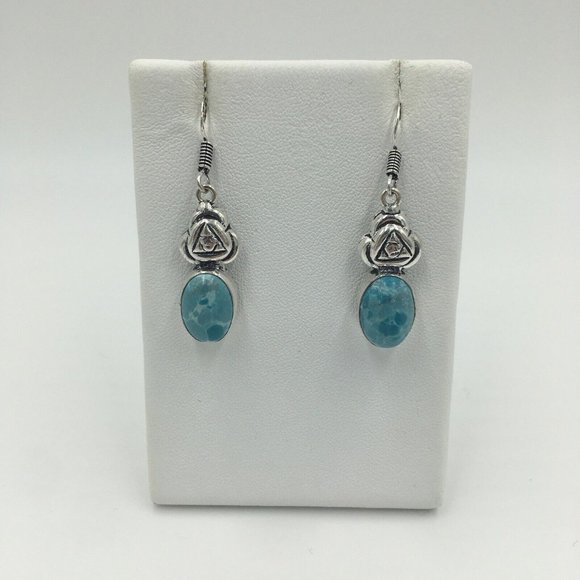 Gorgeous Blue Mosaic Jasper Cabochon 925 Sterling Pierced Dangle EARRINGS - NEW! - Picture 4 of 5